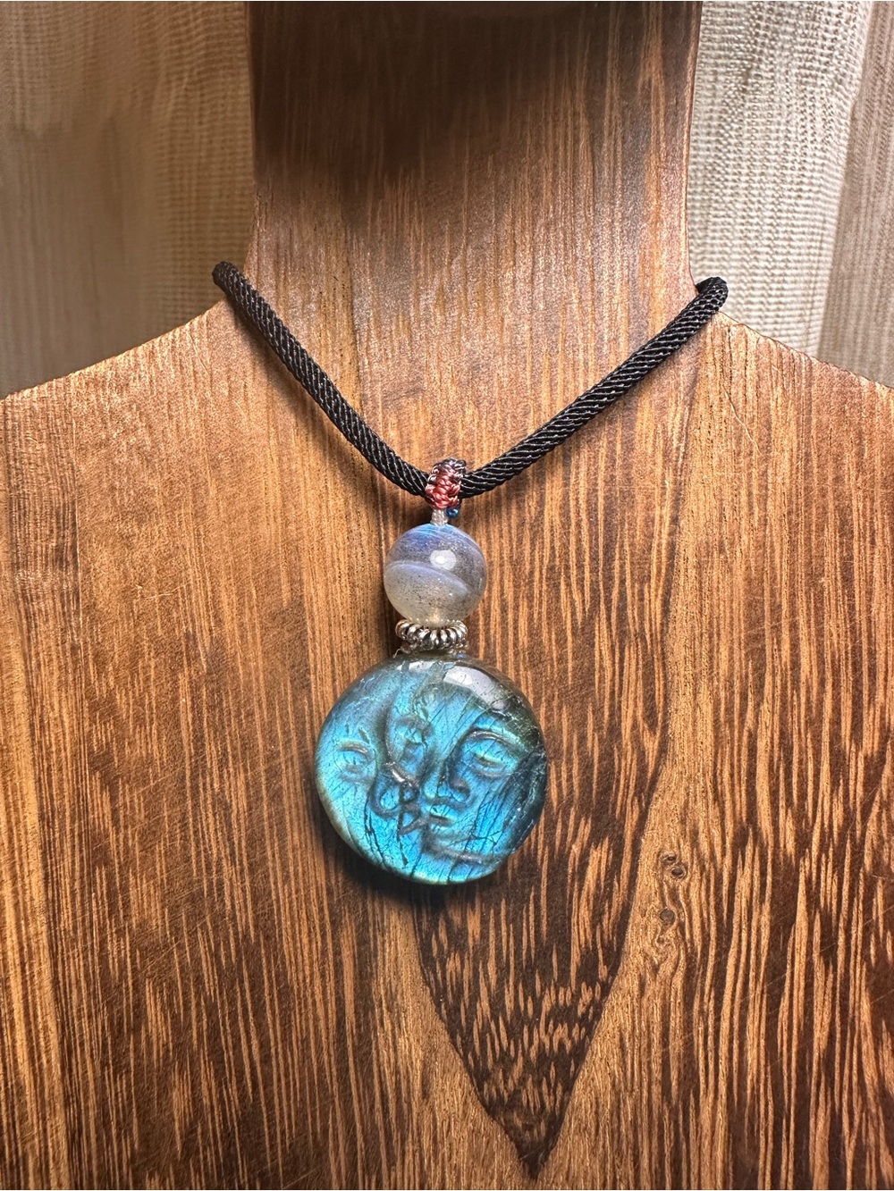 Blue Labradorite Moon Face Pendant Necklace
